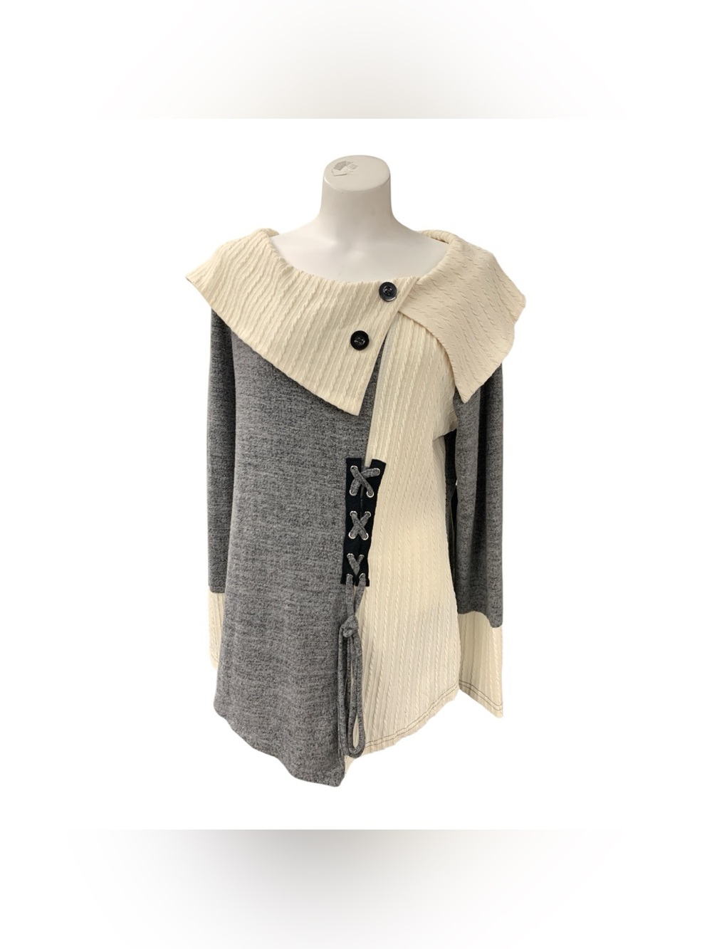 Asymmetrical Two-Tone Knit Sweater - Gray & Cream Size Xl